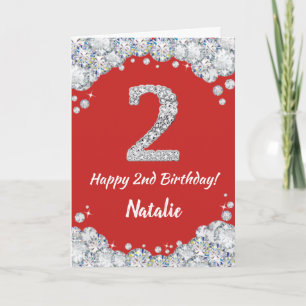 Happy 2. Geburtstagskarte Rot und Silber Glitzer C Karte
