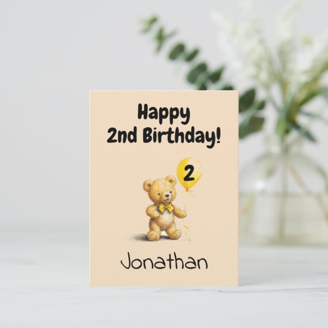 Happy 2nd Birthday, Personalized Teddy Bear Card,  Postkarte (Stehend Vorderseite)
