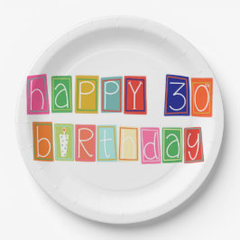 Happy 30. Geburtstag Farbige Blockschrift Pappteller