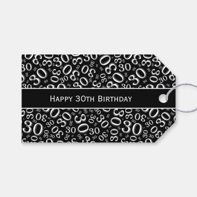 Happy 30. Geburtstag Schwarz/Weiß Zahlenmuster Geschenkanhänger (Vorderseite (Horizontal))