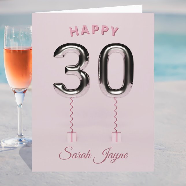 Happy 30. Geburtstagskarte Karte (A pretty pink and silver large 30th Birthday Card. Just add a name and personal greeting inside)