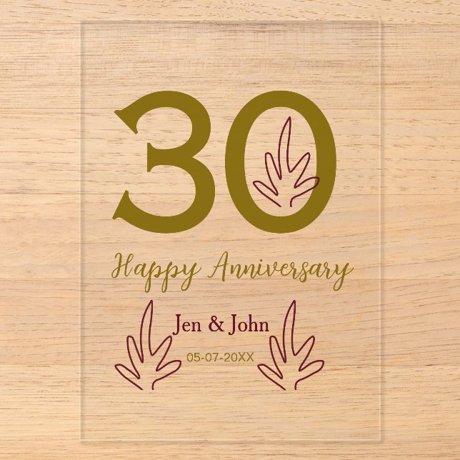 Happy 30th anniversary name date golden red leaf acryleinladungen (Vorderseite)