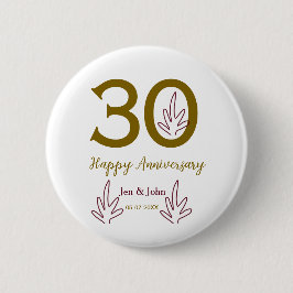 Happy 30th anniversary name date golden red leaf button