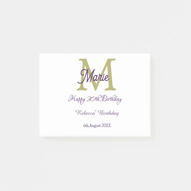 Happy 30th Birthday goldenadd name monogram modern Post-it Klebezettel (Vorderseite)