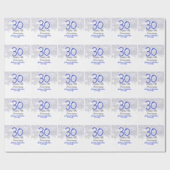 Happy 30th wedding anniversary silver blue glitter geschenkpapier (Flach)