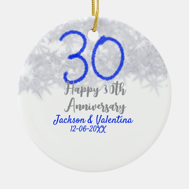 Happy 30th wedding anniversary silver blue glitter keramik ornament (Vorne)