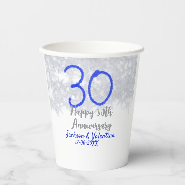 Happy 30th wedding anniversary silver blue glitter pappbecher (Vorderseite)