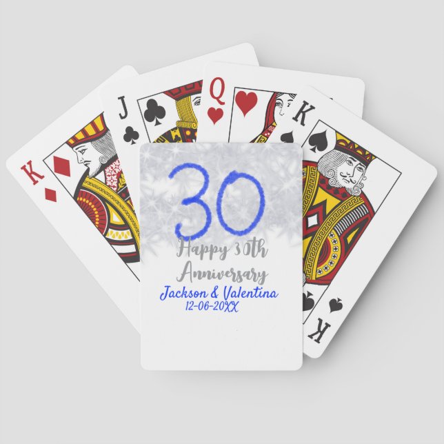 Happy 30th wedding anniversary silver blue glitter spielkarten (Rückseite)