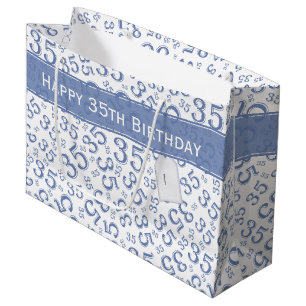 Happy 35. Geburtstag Zahlenmuster Blau/Weiß Große Geschenktüte