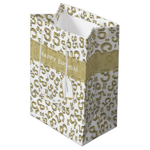 Happy 35. Geburtstag Zahlenmuster Gold/Weiß Mittlere Geschenktüte