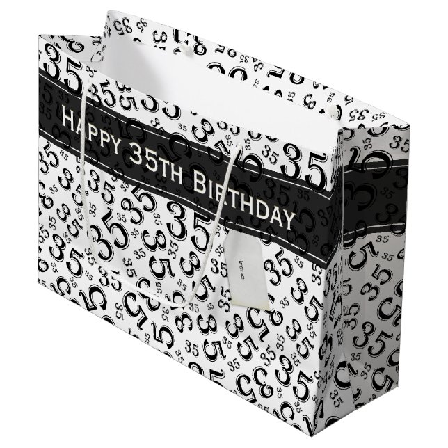 Happy 35. Geburtstag Zahlenmuster Schwarz/Weiß Große Geschenktüte (Vorderseite Schrägansicht)
