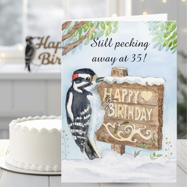 Happy 35th Birthday Downy Woodpecker Karte (Von Creator hochgeladen)