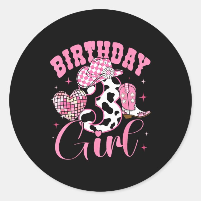 Happy 3rd Birthday Girl Outfit Rodeo Western Cowgi Runder Aufkleber (Vorderseite)