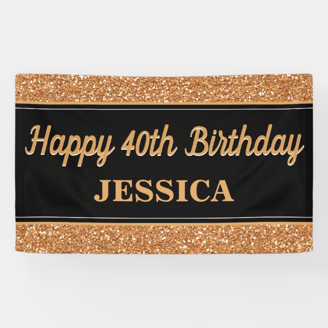 Happy 40. Geburtstag Gold Glitzer Black Banner (Horizontal)