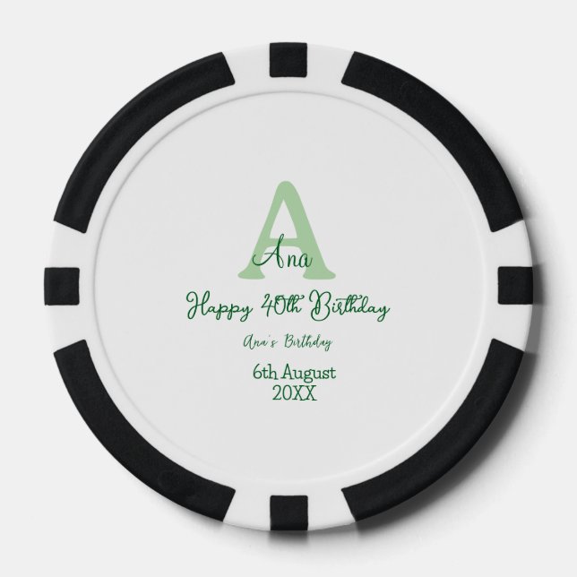 Happy 40. Geburtstag Grün hinzufügen Name monogram Pokerchips (Vorderseite)