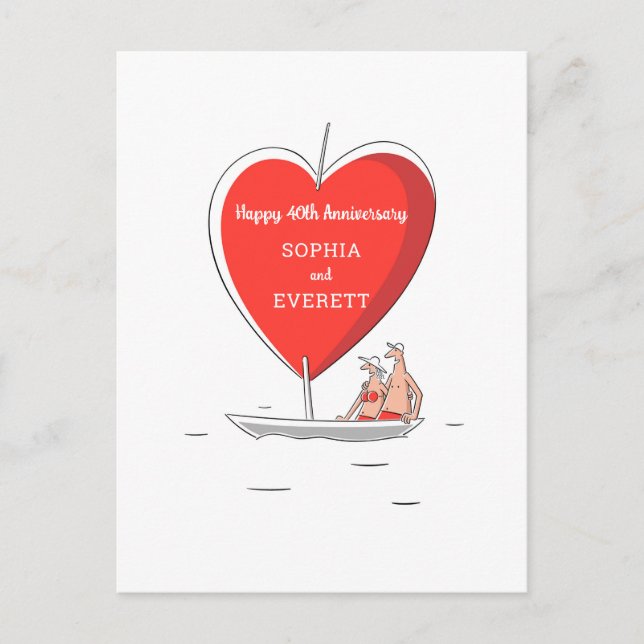 Happy 40. Wedding Anniversary Sailboat Heart Card Postkarte (Vorderseite)