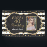 Happy 40th Birthday Banner. Gold Glitter Photo Banner<br><div class="desc">Happy 40th Birthday Banner for women or man. Black and Gold Birthday Party Banner. Gold Glitter Confetti. Black and White Stripes. Printable Digital. For further customization,  please click the "Customize it" button and use our design tool to modify this template.</div>