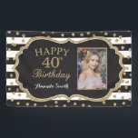 Happy 40th Birthday Banner. Gold Glitter Photo Banner<br><div class="desc">Happy 40th Birthday Banner for women or man. Black and Gold Birthday Party Banner. Gold Glitter Confetti. Black and White Stripes. Printable Digital. For further customization,  please click the "Customize it" button and use our design tool to modify this template.</div>