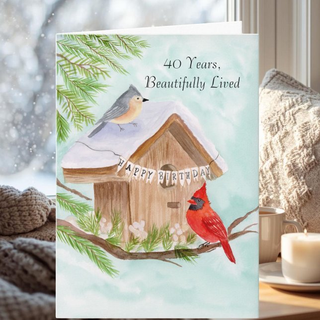  Happy 40th Birthday Birds at Birdhouse Karte (Von Creator hochgeladen)