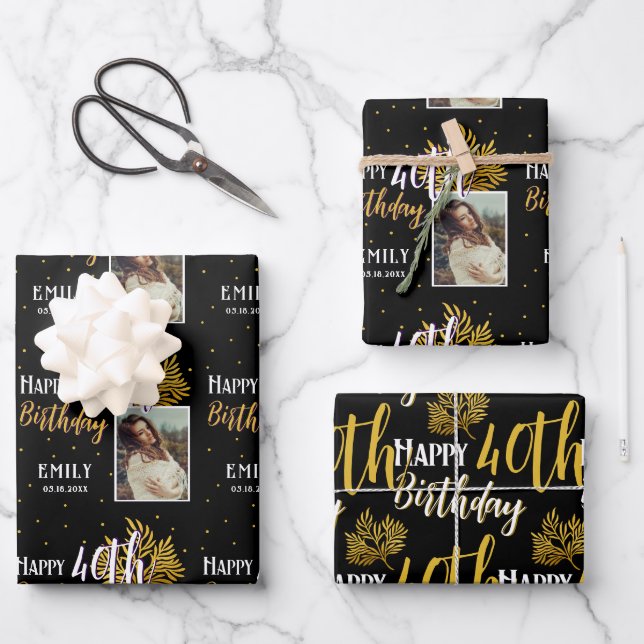 Happy 40th Birthday Black Gold Foliage Photo  Geschenkpapier Set (Vorderseite)