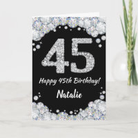 Happy 45. Geburtstagskarte Schwarz/Silber Glitzer