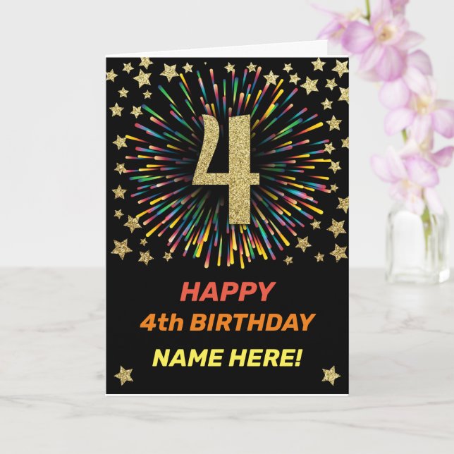 Happy 4. Geburtstag Black & Gold Rainbow Feuerwerk Karte (Orchidee)