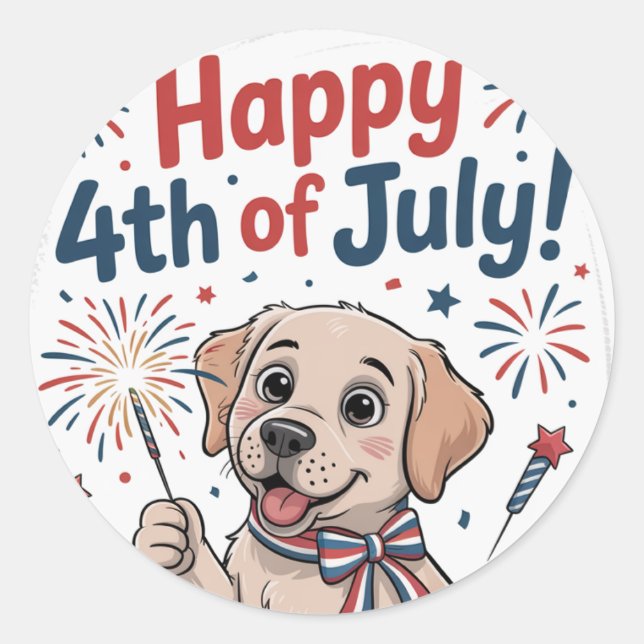 "Happy 4. Juli" Adorable Hund Runder Aufkleber (Vorderseite)