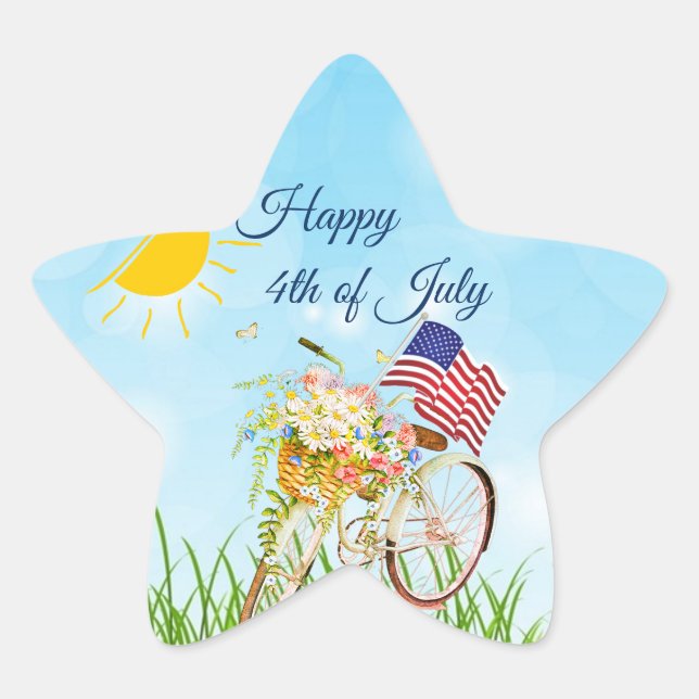 Happy 4. Juli Fahrrad mit Flagge Stern-Aufkleber (Vorderseite)