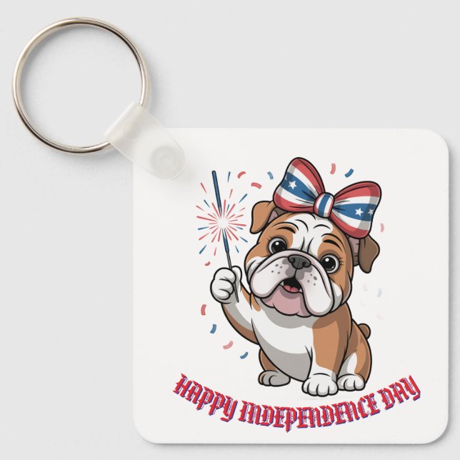 "Happy 4. Juli" Patriotic Bulldog Custom Schlüsselanhänger (Vorderseite)