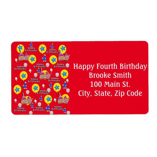 Happy 4th Birthday Address Labels, Gelb Rot (Vorne)