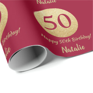 Happy 50. Geburtstag Burgund Red and Gold Glitzer Geschenkpapier