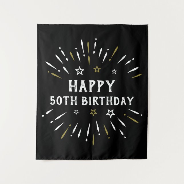 Happy 50. Geburtstag Feuerwerk Schwarz-weiß Gold Wandteppich (Vorderseite)