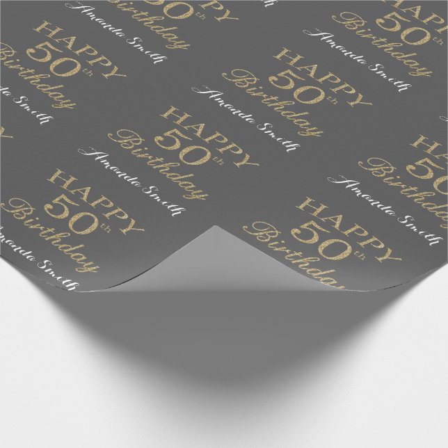 Happy 50. Geburtstag Gold Glitzer und Gray Geschenkpapier (Ecke)