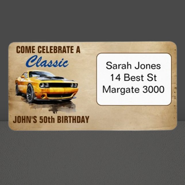 Happy 50. Geburtstag Klassisches Muskelauto (Celebrate your special day with a vibrant yellow muscle car illustration! )