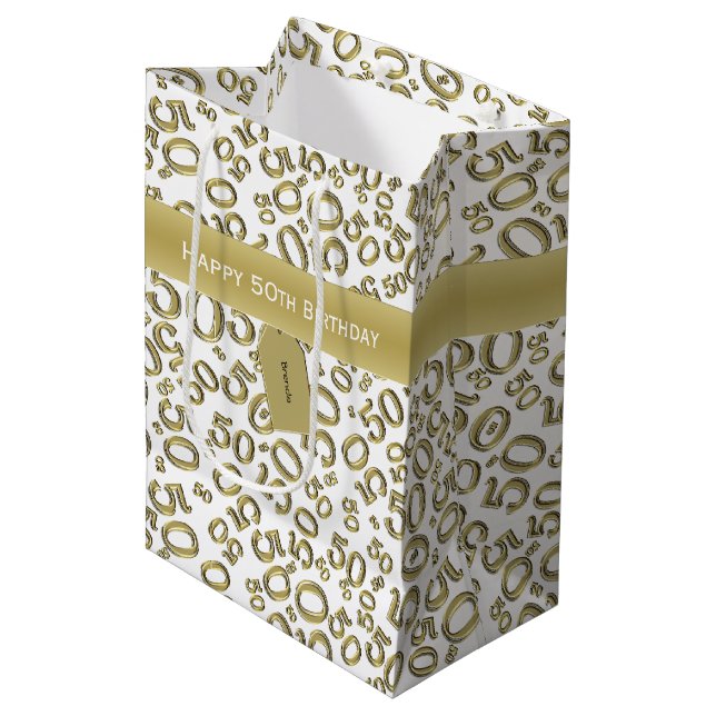 Happy 50. Geburtstag Zahlenmuster Gold/Weiß Mittlere Geschenktüte (Vorderseite Schrägansicht)
