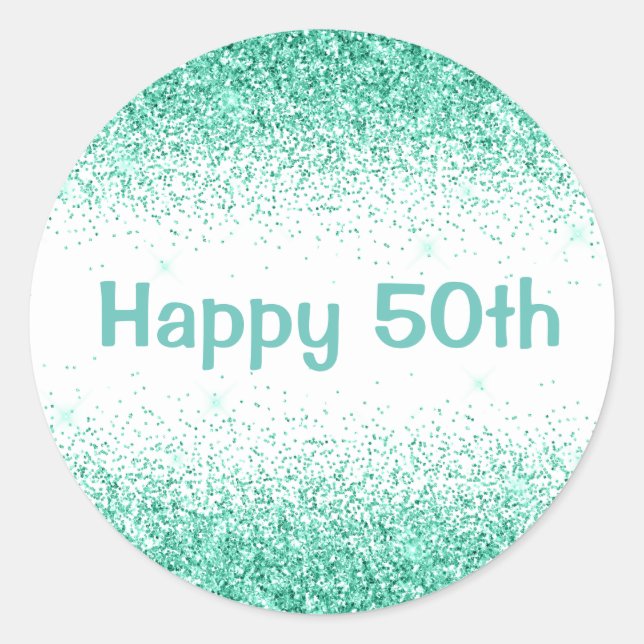 Happy 50. Glam Green Glitzer Elegante Typografie Runder Aufkleber (Vorderseite)