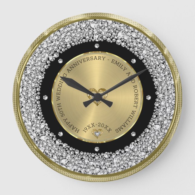 Happy 50. Hochzeit universell Diamanten und Gold Große Wanduhr (Vorderseite)