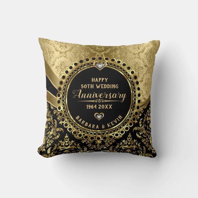Happy 50. Hochzeitstag Black & Shiny Gold Kissen (Vorderseite)