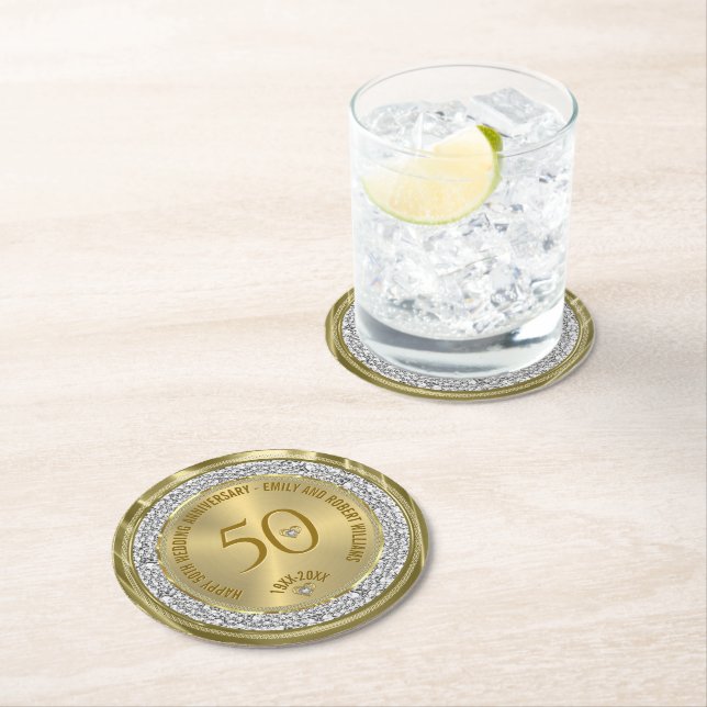 Happy 50. Hochzeitstag Diamanten und Gold Runder Pappuntersetzer (Vor Ort)