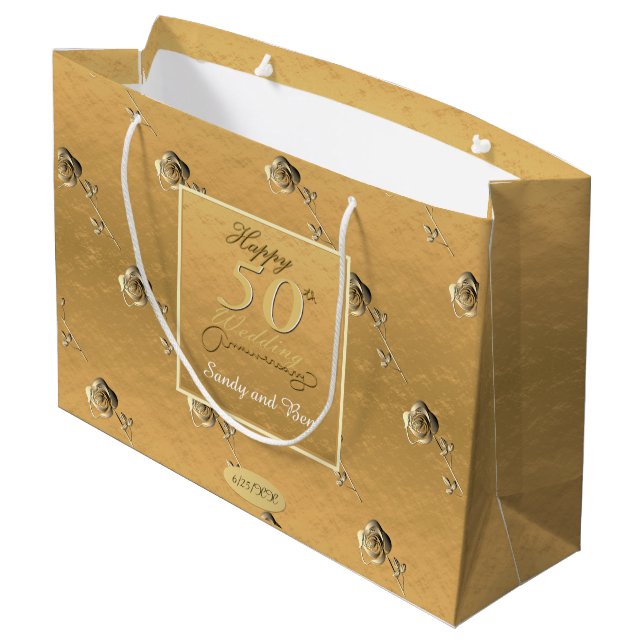 "Happy 50 th Wedding Anniversary" 3D-Rose Golden Große Geschenktüte (Rückseite Schrägansicht)