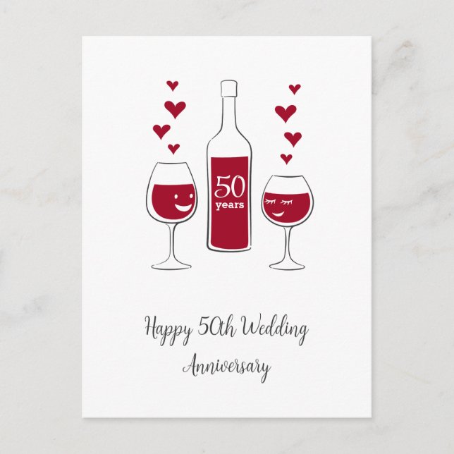 Happy 50. Wedding Anniversary Red Wine Heart Card Postkarte (Vorderseite)