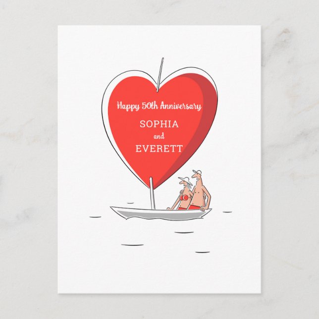 Happy 50. Wedding Anniversary Sailboat Heart Card Postkarte (Vorderseite)