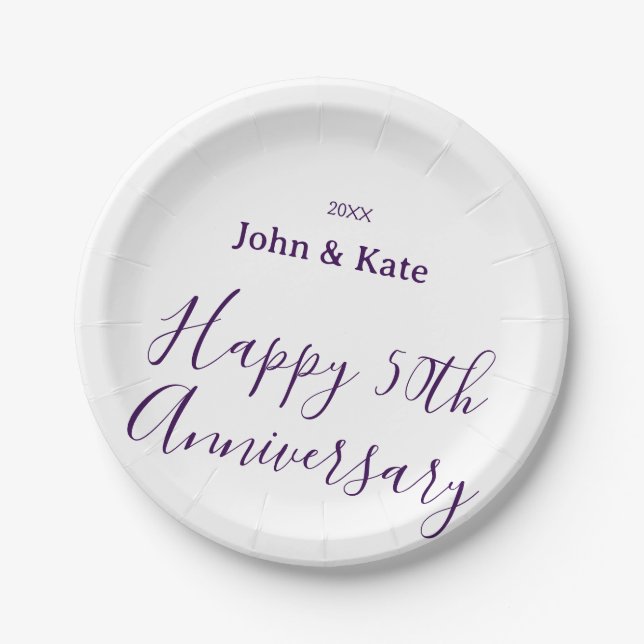 Happy 50th anniversary purple name year simple  pappteller (Vorderseite)