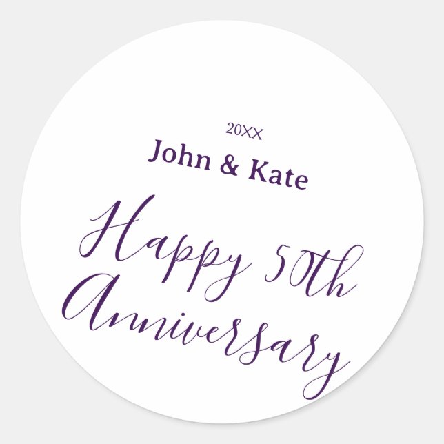 Happy 50th anniversary purple name year simple  runder aufkleber (Vorderseite)