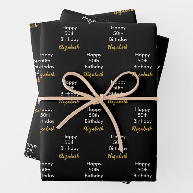 Happy 50th Birthday Gold Name Script Black & White Geschenkpapier Set (Beispiel)