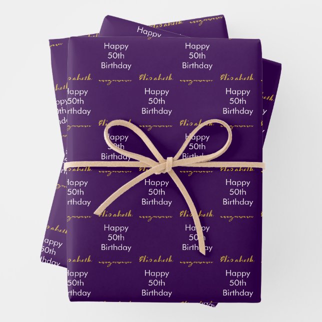 Happy 50th Birthday Gold Name Script Dark Purple Geschenkpapier Set (Beispiel)