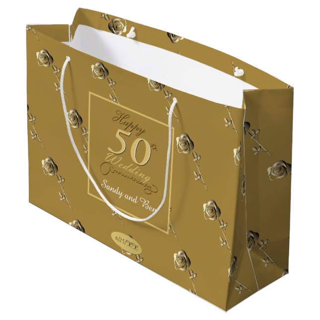 "Happy 50th Wedding Anniversary" 3D-Rose auf Ochre Große Geschenktüte (Rückseite Schrägansicht)