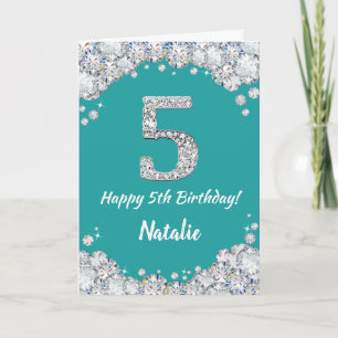 Happy 5th Birthday Aquamarin and Silver Glitzer Ca Karte