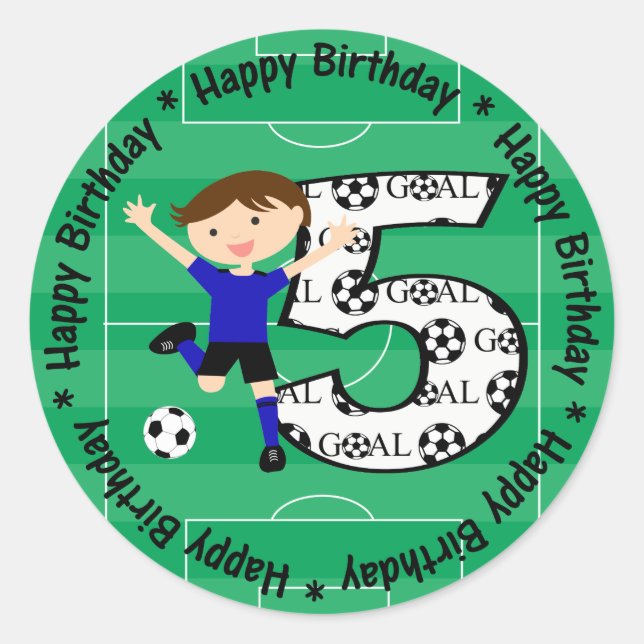 Happy 5th Birthday Blue and Black Soccer Goal Runder Aufkleber (Vorderseite)