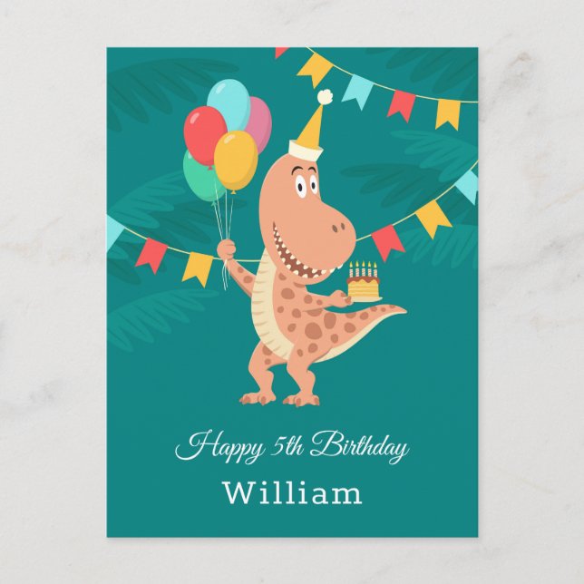 Happy 5th Birthday Cake Balloon Niedlich Dinosaur Postkarte (Vorderseite)